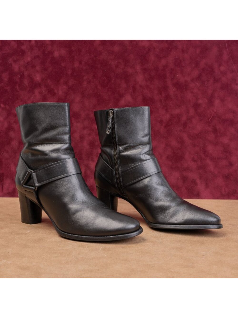 Cole Haan Women Modern Western Vintage Y2K Black Leather Zip harness Boots 9.5